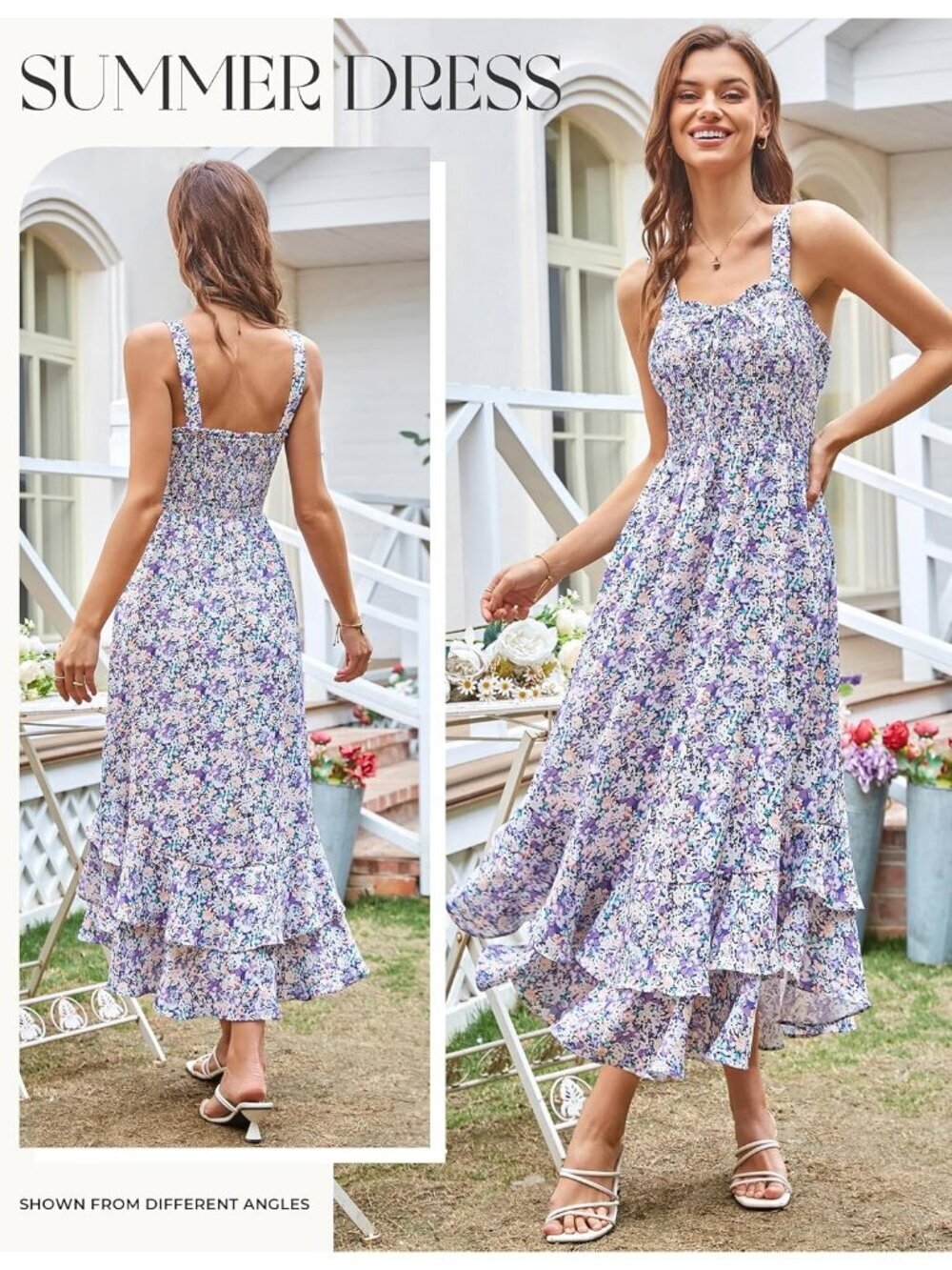 Women's Summer Floral Boho Dress Purple Floral Square Neck Strapped Swing A Line - Picture 4 of 5